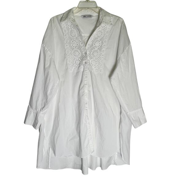 Zara Long Sleeve Lace Trim Button-Up Hi-Low Tunic Shirt Women's Size L White - Picture 3 of 8